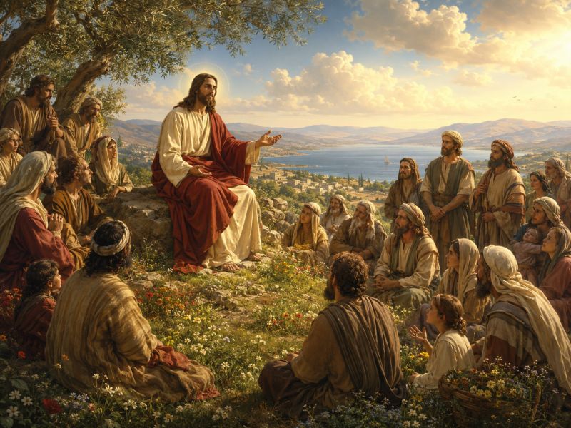 Jesus teaching on a hillside, people gathered around Him
