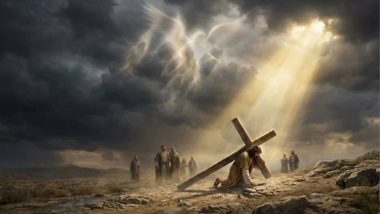 Jesus standing among sheep in the mountains