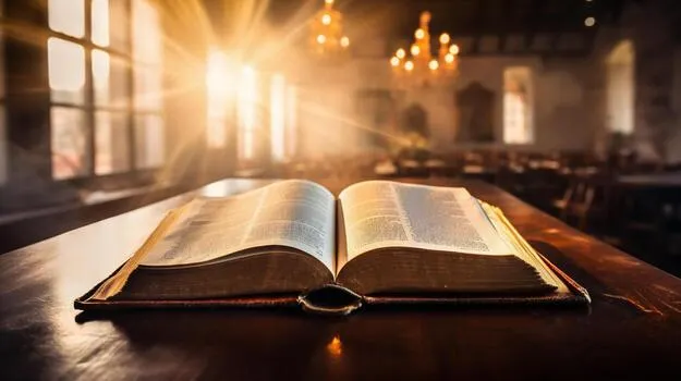 An open Bible on a wooden table, sunlight streaming through church windows